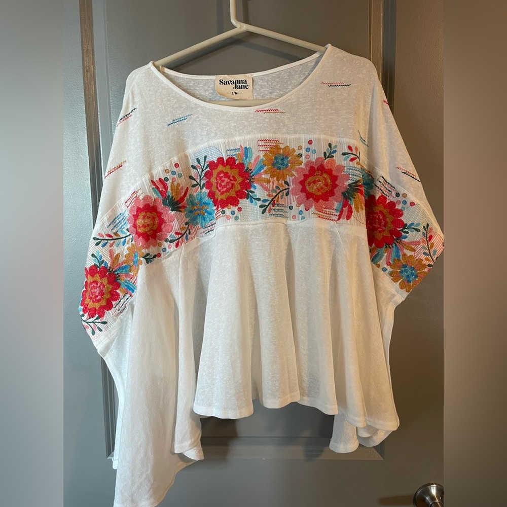 SAVANNA JANE EMBROIDERED PONCHO BLOUSE KIMONO LOOSE FIT SIZE S/M - Picture 2 of 5
